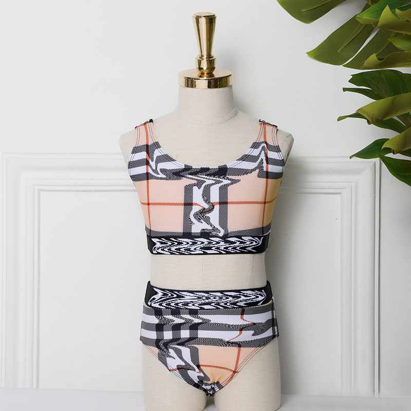 

Spring tide children's swimsuit girls' cute Plaid print br alphabet split swimsuit