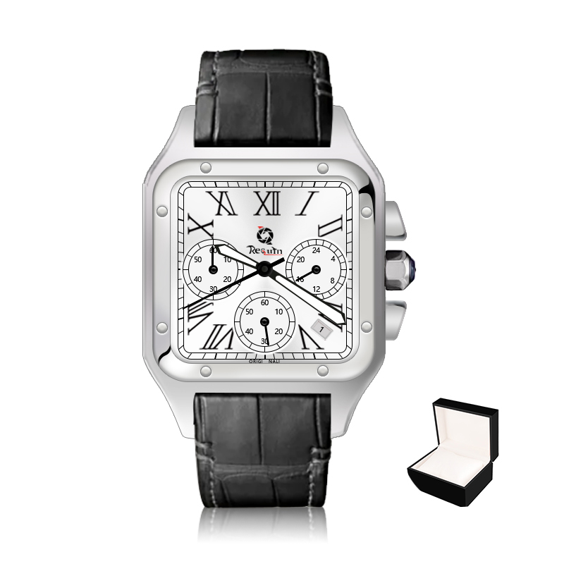 

Men's Automatic Mechanical Watch REQUIN Santo Black Stainless Steel Case Leather Strap W2SA Six-Hand Calendar Sapphire Dial Fashion Casual Sports 100XL Brand, Box