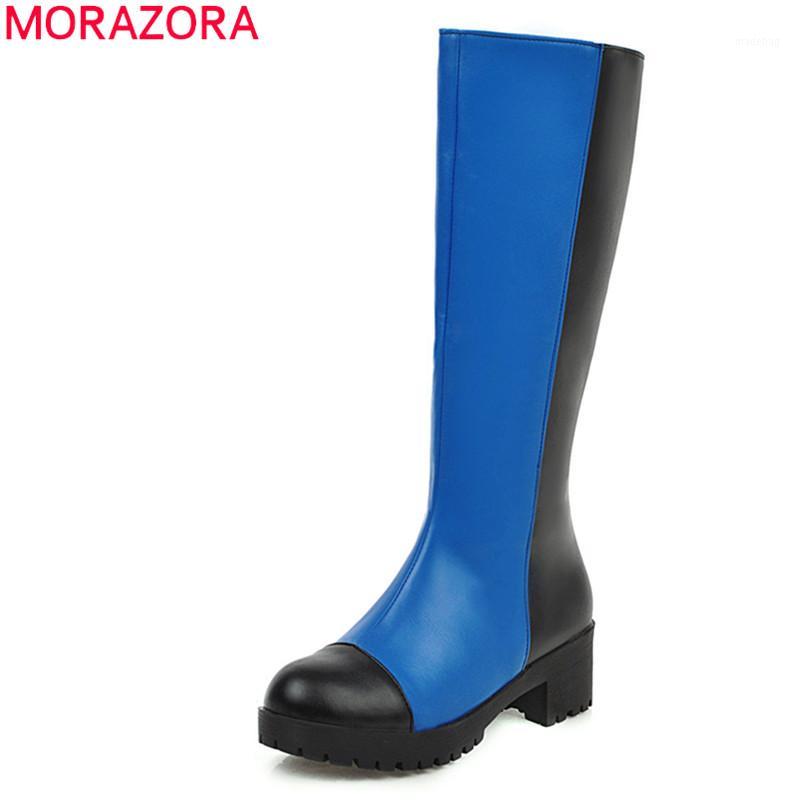 

MORAZORA 2020 hot sale fashion pu leather knee high boots simple med heels round toe winter keep warm ladies shoes women boots1, Blue
