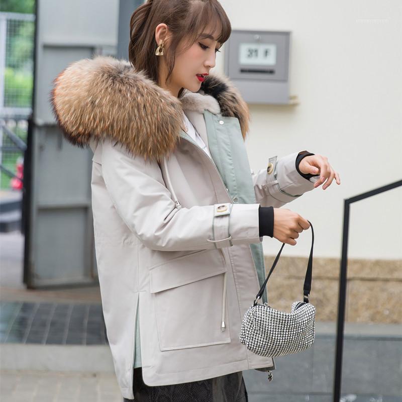 

2020 Fxfurs Parka Women's Korean-Style Winter New Real Fur Detachable Liner Coat Raccoon Fur Collar Mid-Length Coat1, Beige