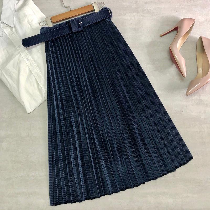 

Women Winter Velvet Midi Skirts Twill Pattern Glitter Metallic Color Belts Pleated Skirts High Waist Office Lady A-line Skirt, Black
