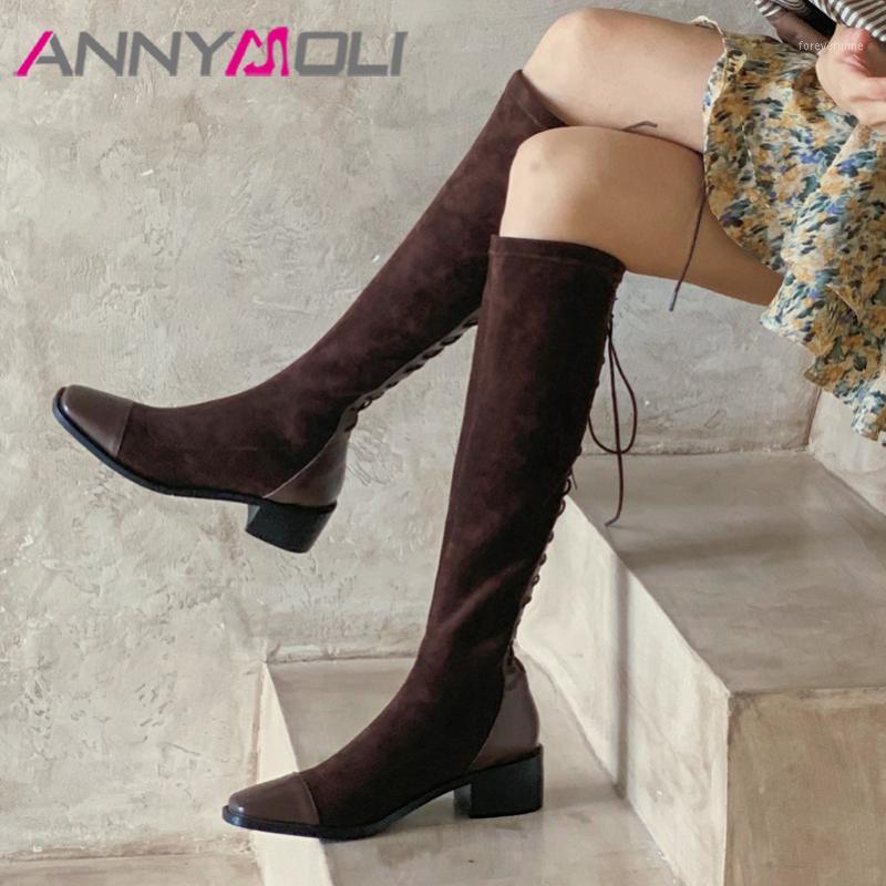 

ANNYMOLI Genuine Leather Mid Heel Knee High Boots Women Shoes Square Toe Lace Up Thick Heels Stretch Long Boots Autumn Winter 401, Black velvet lining