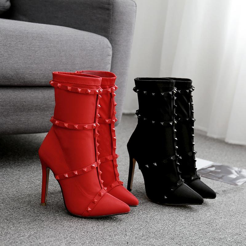 

Europe and The United States Fan Big Size Women's Boots Sharp Head Belt Rivet Elastic Cloth Women's Boots Single Thin heels, Black