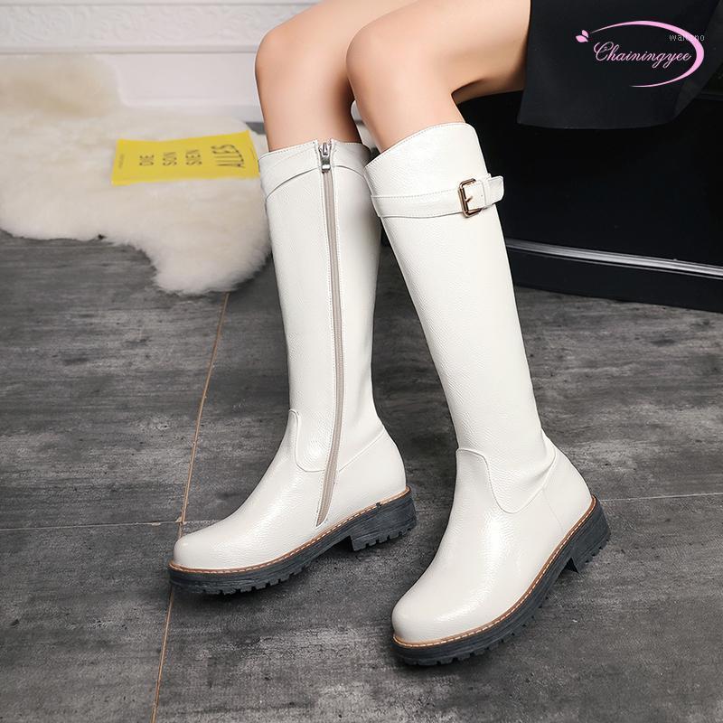 

Street style paint comfortable round toe knee-high boots buckle zipper black white low heel chunky riding boots women's shoes1