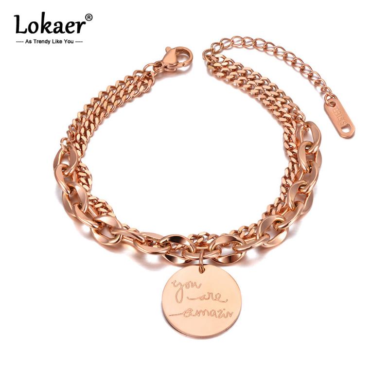 

Lokaer Titanium Stainless Steel You Are Amazing Charm Bracelets For Women Original Design Double Layer Chain Bracelet B20213