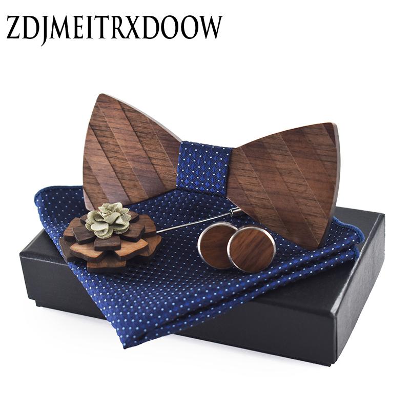 

ZDJMEITRXDOOW Pocket square Brooch Gravata Tie Hanky Cufflink Sets Striped Wooden bow tie Ties for Mens