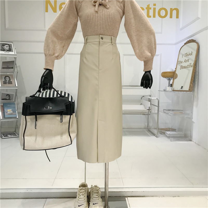 

Autumn Winter new korean fashion women's solid color high waist PU leather long pencil skirt plus size S M L, Black