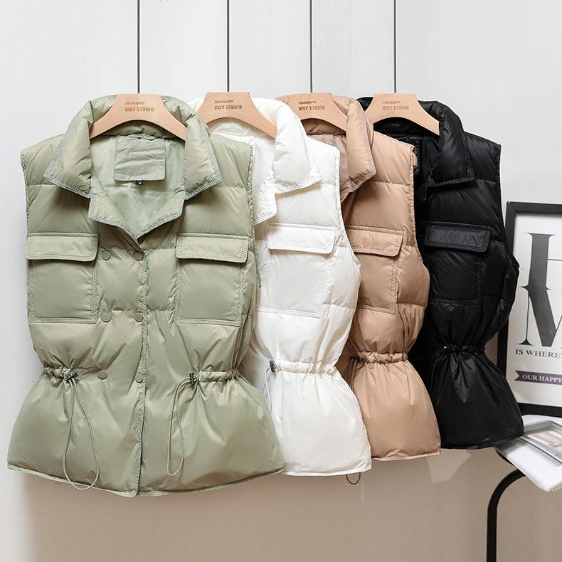 

New Ultra Light Down Vest Women Short Vest Windproof Lightweight Warm Waistcoat Female White Duck Down Coat Sleeveless, Beige