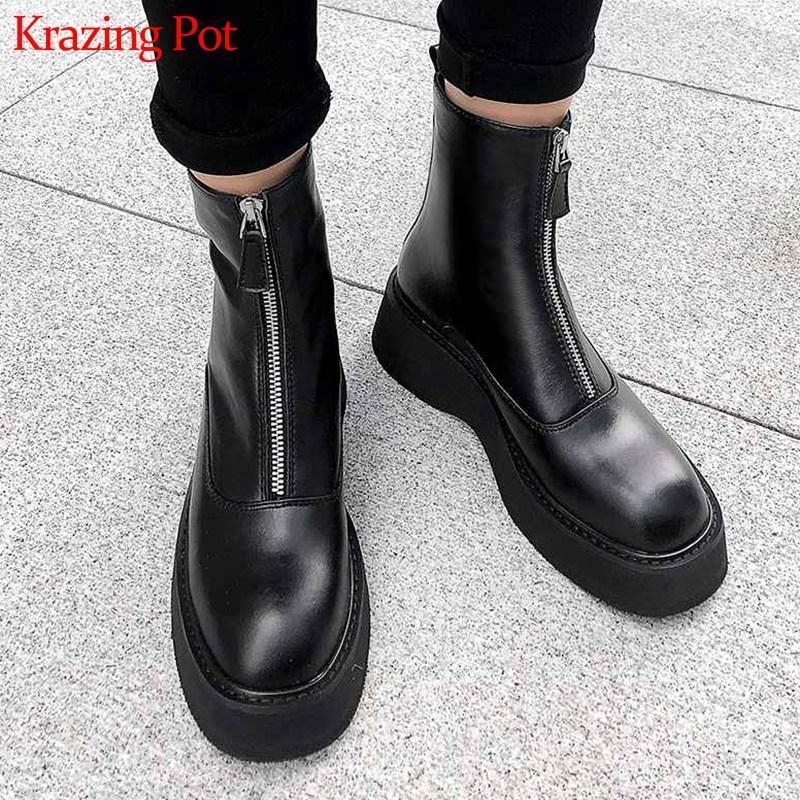 

krazing pot thick bottom cow leather black colors rock Zipper boots round toe high heels winter women leisure ankle boots L651