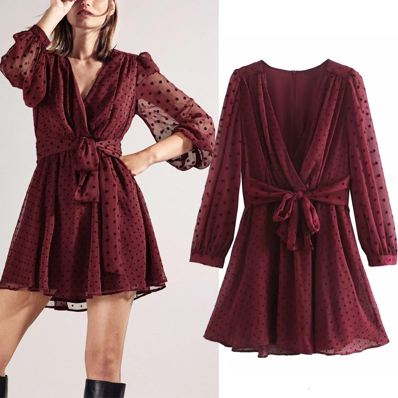 

2021 New Red Dotted Mesh Mini Women Vintage Semi Sheer Long Puff Sleeve Tulle Dress Woman Tied Belt Elegant Dresses N5wz