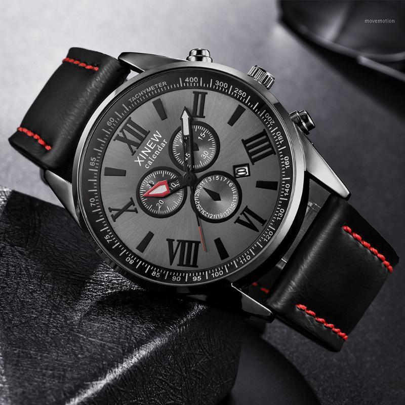 

XINEW Men Watch Leather Band Sports Date Analog Alloy Quartz watch man watches mens 2020 relogios masculino1, Gy