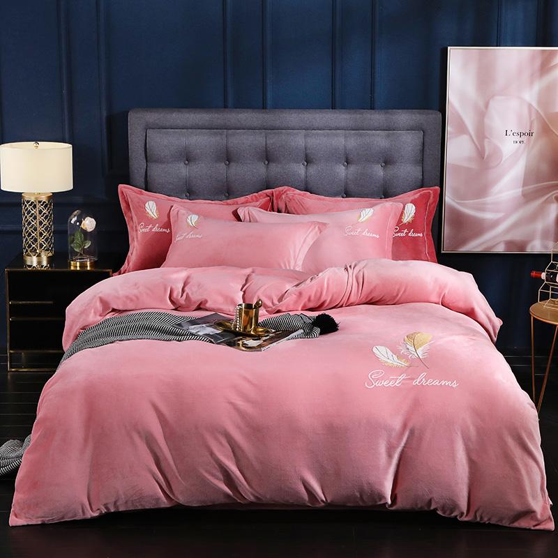 

Milk Fabric Bedding Set Plush Super Soft Embroidery Duvet Cover Pillow Case Bed Sheet Sweet Dream Feather Bedspread Queen King