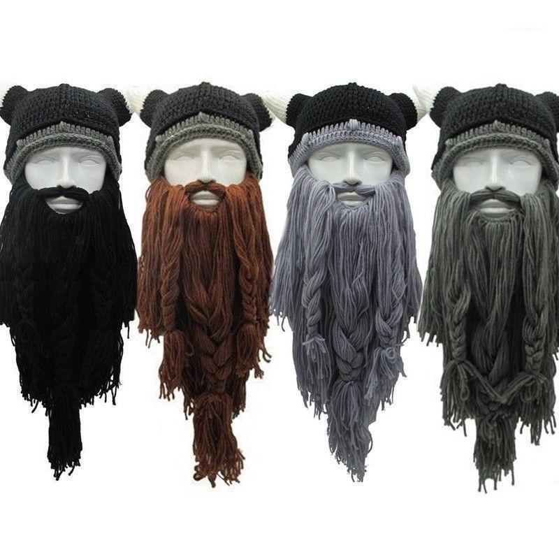 

New 2020 Christmas Funny Men's Viking Knitted Wig Long Beard Horn Hat Vagabond Barbarian Crazy Ski Cap Beanie Halloween1