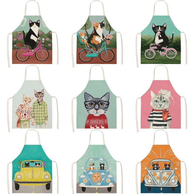 

Cartoon Cat Printed Women Kitchen Apron Cotton Linen Sleeveless Chef Cooking Aprons Kitchen accessories 68*55cm 0094