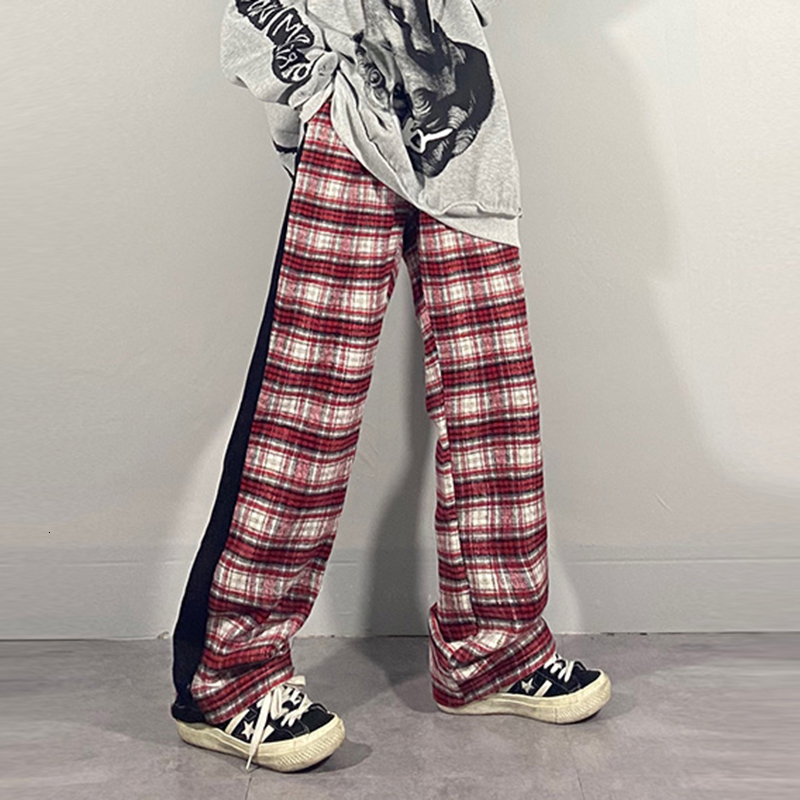 

2021 New Color Block Street Plaid Loose Straight Casual Pants Men and Women Wide Leg High Waist Checkered Baggy Trousers Cmeh, Red