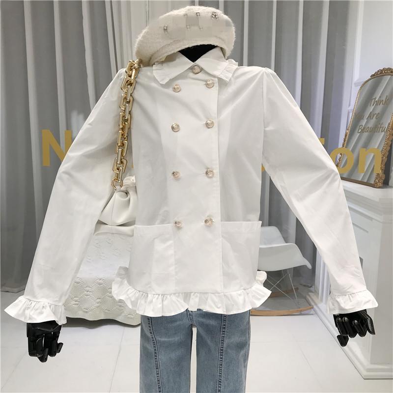 

Women Blouses 2020 Fashion Long Sleeve Turn Down Collar Office Blouse Shirt Casual Tops Double-breasted Femininas Full Solid, White