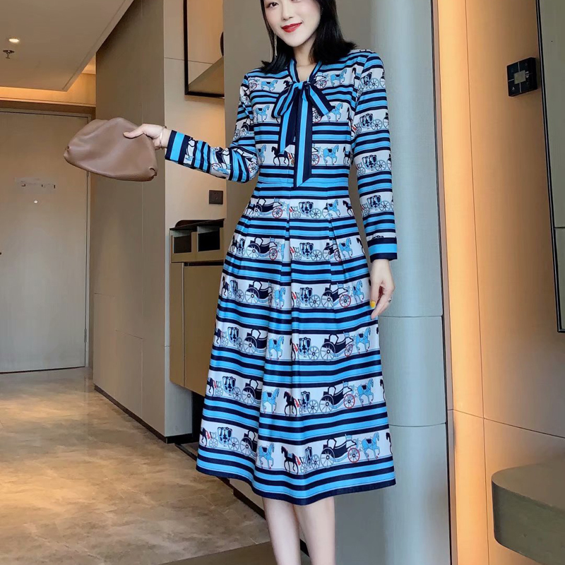 

2021 New Autumn Style Long Sleeve Bowknot Vintage Print Plied Elegant Temperament Dress Fine Women' Clothes Hlzh, Multiple