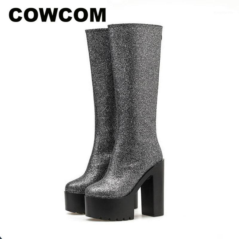 

COWCOM 2020 Women Platfrom Knee HIgh Thick Heels Boot Stage Catwalk Models Thick Waterproof Platform Boots Shoes -2323-111, Dark gray