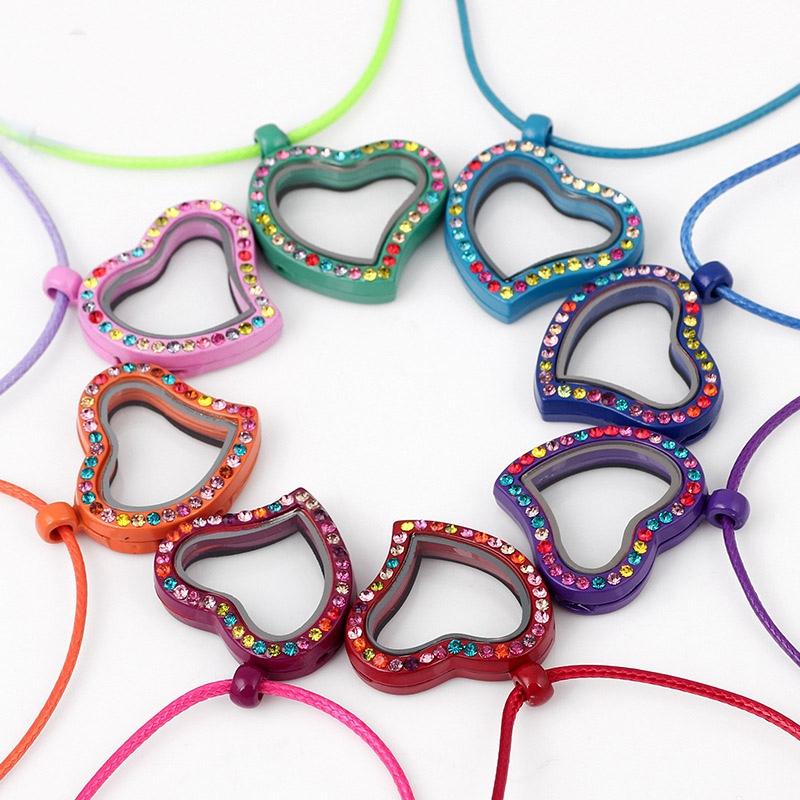 

5pcs 30mm*30mm*6mm Mixed Color Enamel Floating glasss Lockets, Colorful Rhinestone Heart Locket Fit Floating Charms