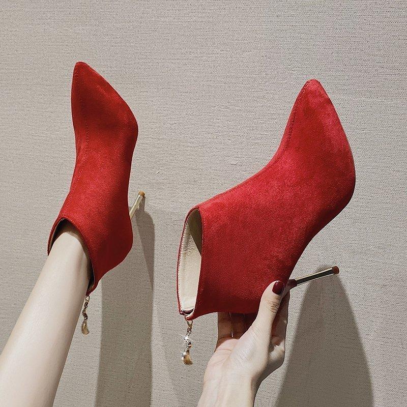 

Size 34-39 2020 New Women's Boots Autumn Party Dress Red Black Beigh Shoes for Woman Thin High Heels Ladies Fashion Ankle Pumps