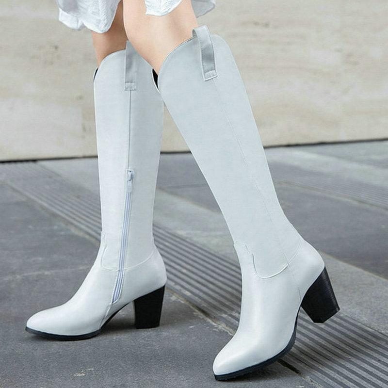 

Women Western Boots Square Heel PU Leather Women Knee High Boots 2020 Autumn Winter Shoes Fashion Pointed Toe Black White