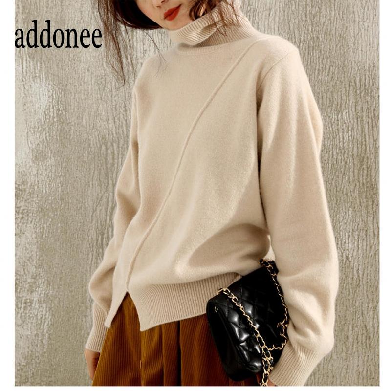 

High Collar Thick Front Slit Cashmere Wool Cotton Women Sweater Pullover Autumn Winter High Quality Casual Loose Big Size Paddy, Gray-glqkc