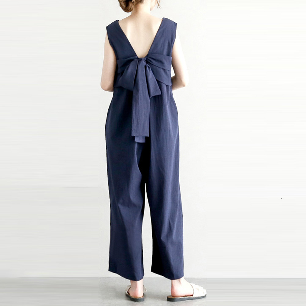 

2021 New Summer Sleeveless Linen Jumpsuit Women Korean Bows Patchwork Backless Loose Long Jumpsuits Rompers Playsuit DEU7, Khaki