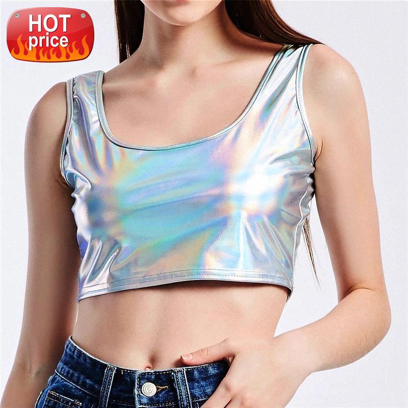 

Shiny Holographic Metallic Color Crop Tops Women Solid PU Tank Top 2019 Summer Top Fashion Lady Streetwear Tops Bottoming Vest #Ho5u, White