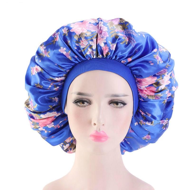 

Large Print Satin Silky Bonnet Sleep Cap Width Elastic Band for Women Solid Color Head Wrap Lady Hair Accessories SA408, White