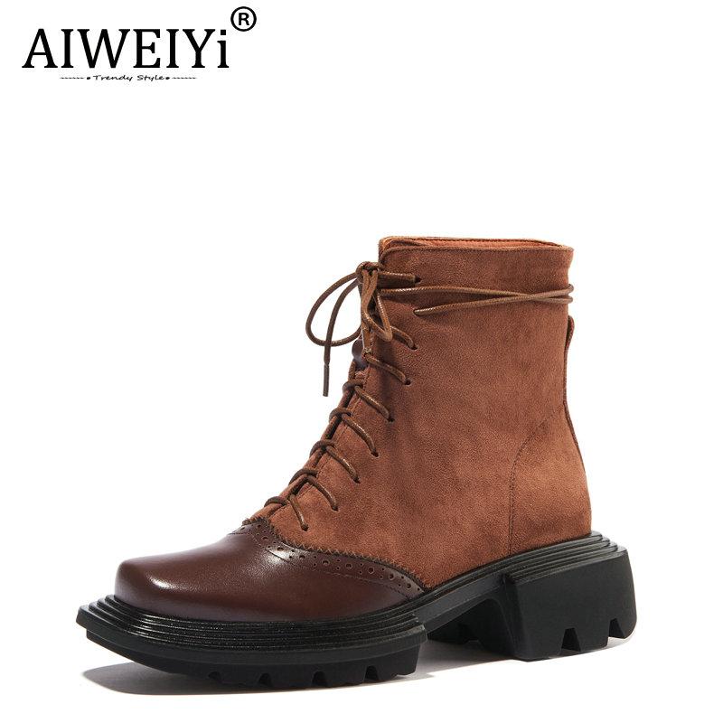 

AIWEIYi Western Style Woman Ankle Boots Black Brown Square toe Lace Up Spring Autumn Winter Platform Shoes, Blackwinter