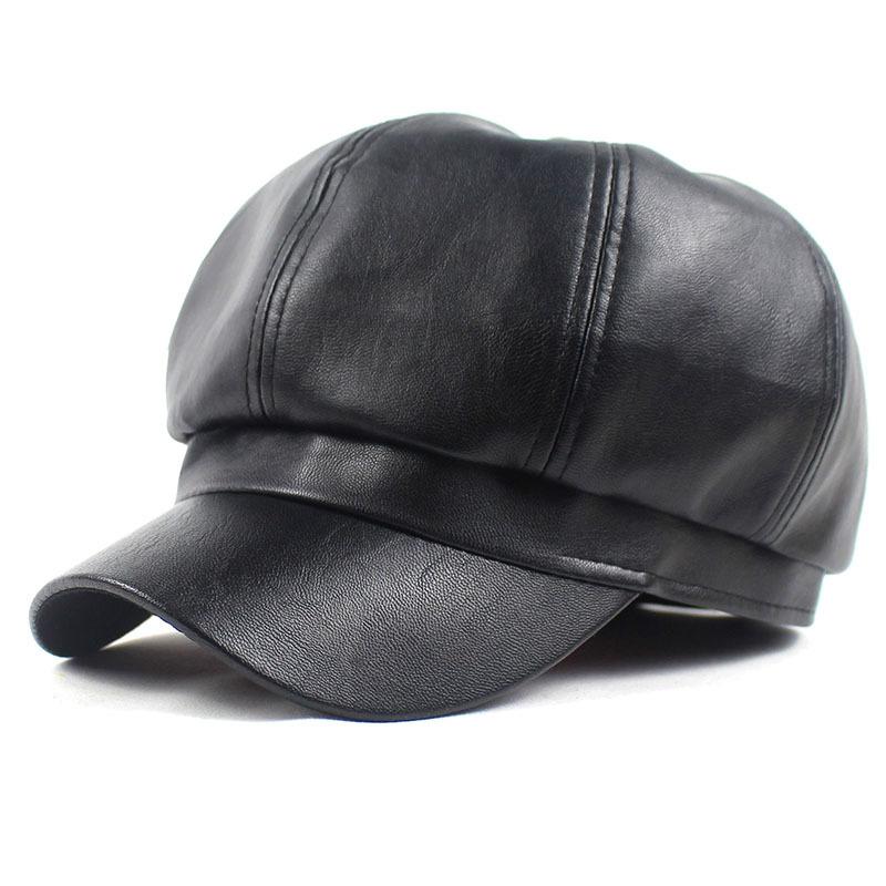 

Leather Solid Color Beret Simple Casual Octagonal Cap Autumn Winter Joker Painter Hat Women and Girl 19, Black