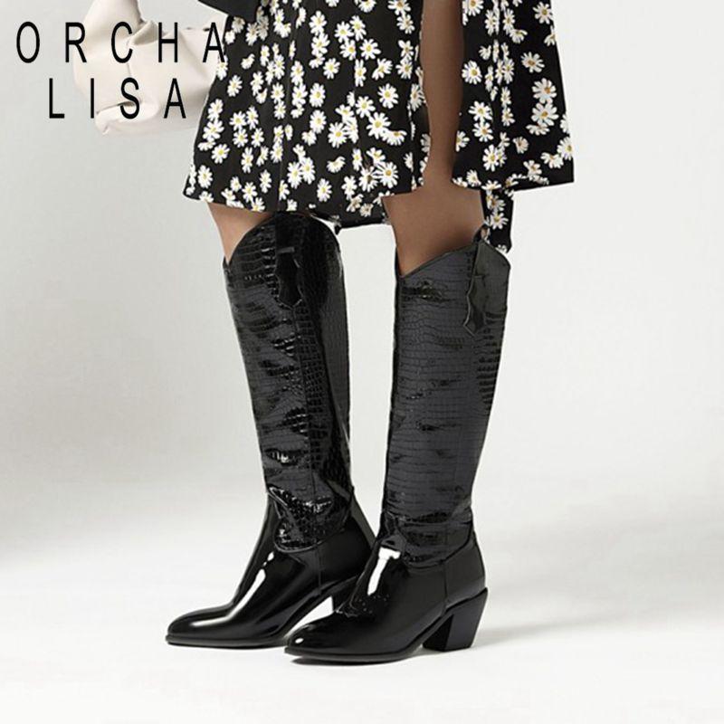 

ORCHALISA Winter Womens slip on boots black 6cm cowboy Chunky mid heels knee high boots Big size 14 15 patent leather Shoes1, Beige no fur