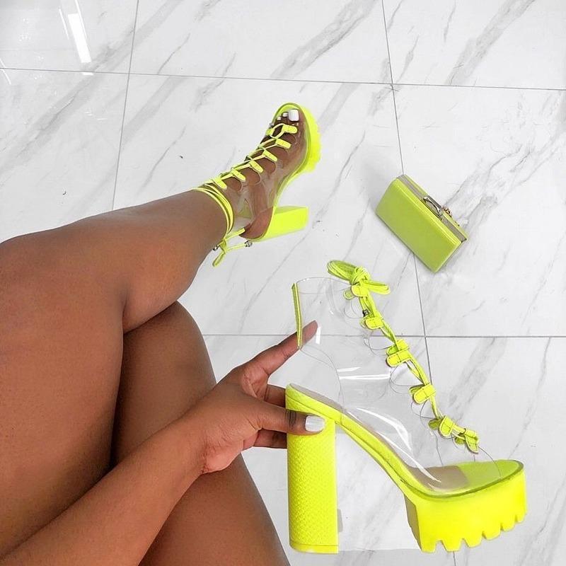 

Neon Green PVC Jelly Sandals Open Toe Lace-up Gladiator High Heels Summer Shoes Platform Heel Transparent Sandals Big Size 421, White