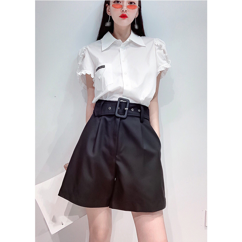 

2020 new high-end fashion belt waist high waist wide leg trousers shorts, White