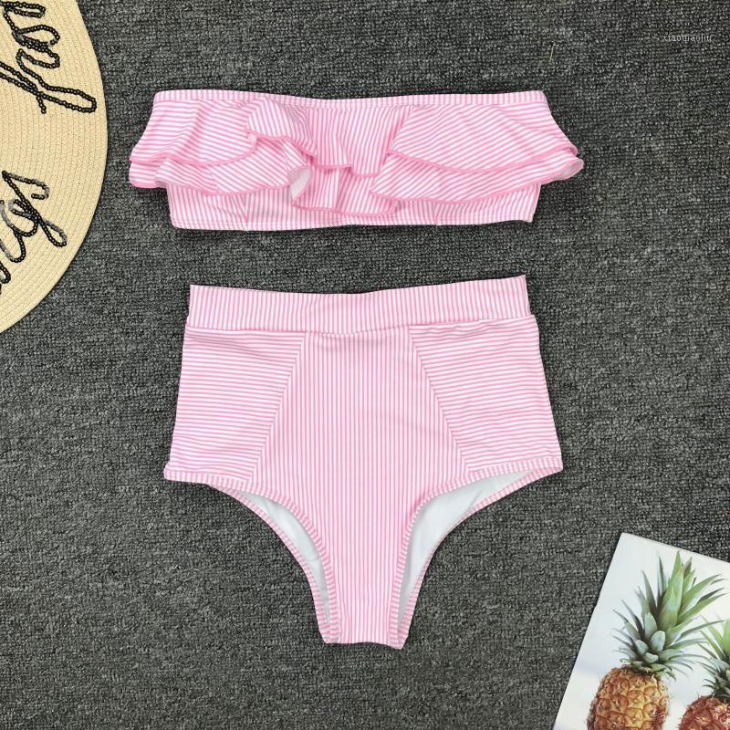 

Pink Ruffle Bikini 2020 Off Shoulder Push-Up Brazilian Striped Boho High Waist Swimsuit Strapless Two Piece Swimwear Beachwear1