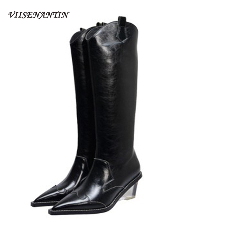 

VIISENANTIN 2020 New Autumn Winter Transparent Heel Patent Leather Dark Green Pointed Head Western Riding Boots Woman, Plush
