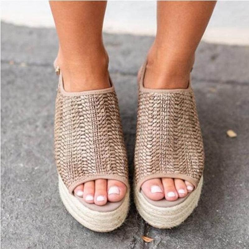 

2021 New Dapo Heel Women's Sandals Light Bottom Rope Knitted Breathable Fish Mouth Sandals Women, Beige