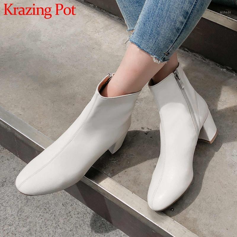 

Krazing Pot classic office lady genuine leather solid round toe high heels side Zipper winter beauty lady warm ankle boots L111, Beige