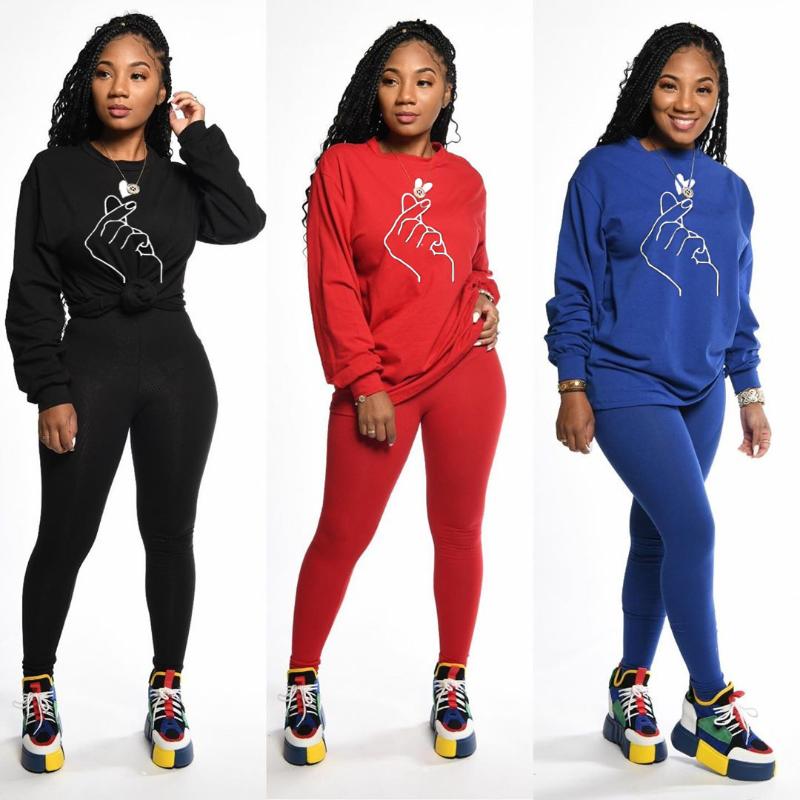 

2021 New Style Women' Set Loose Shirt Long Trousers Suit Elastic Home Gym Round Collar Hand Printed Top Tight Pants, Red