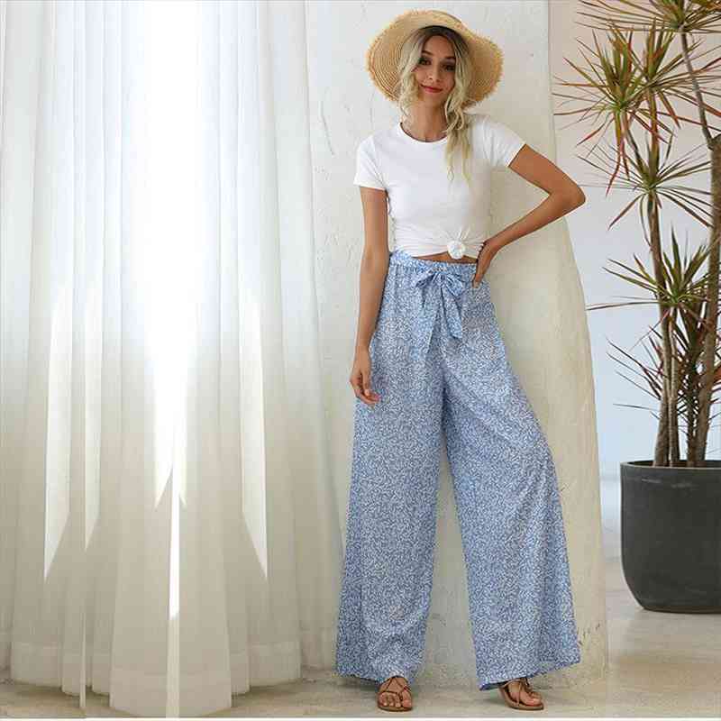 

Summer Womens Pants Printed Capris Femme Fashion Flare Pant Vintage Wide Leg Clothing High Waist Trousers Casual, Black;white