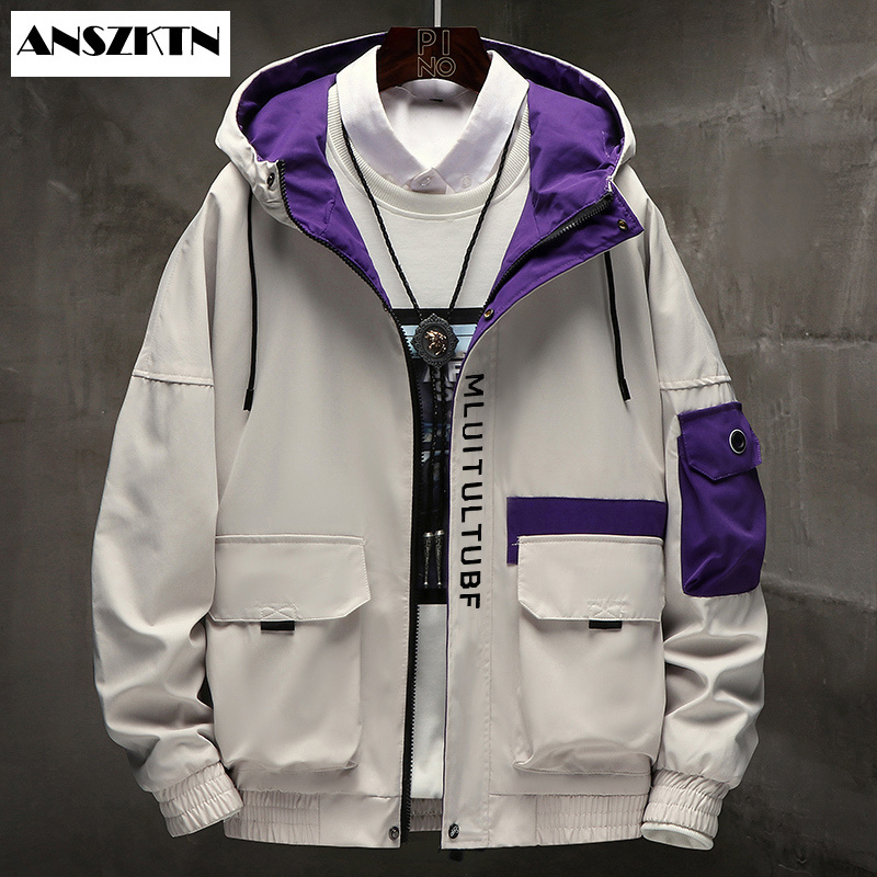 

Long Sleeved Cargo jacket men windbreaker jackets hooded hip-hop streetwear zipper coats with big pockets, Yellow