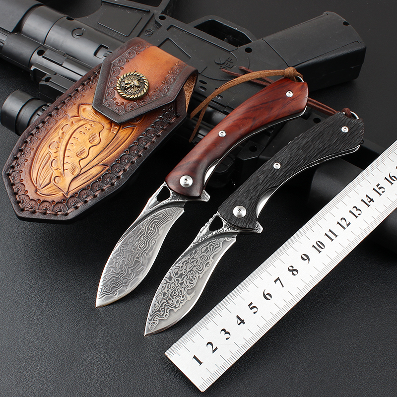 

Outdoor Tactical VG10 High quality Folding Knife Damascus Blade Pocket Red Sandalwood Handle Self-defense Dog Leg EDC