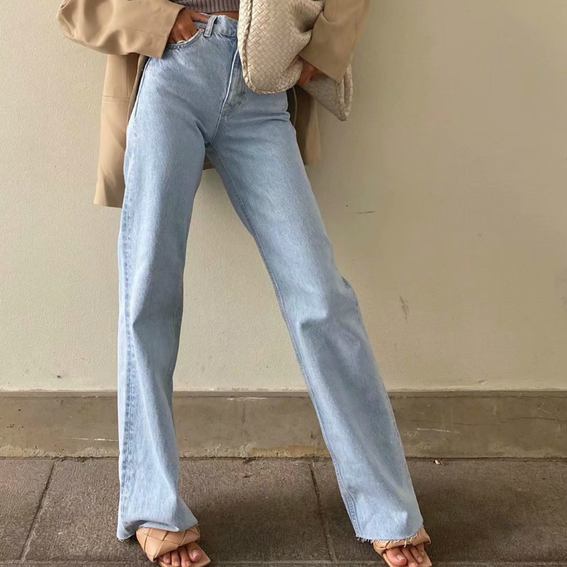 

2021 Women's Brim Pants of Large Dimensions, Solid, High-straight Waists Washed Denim Pants, Lady in the Office Down, Fly Long Winter Q4E9, White