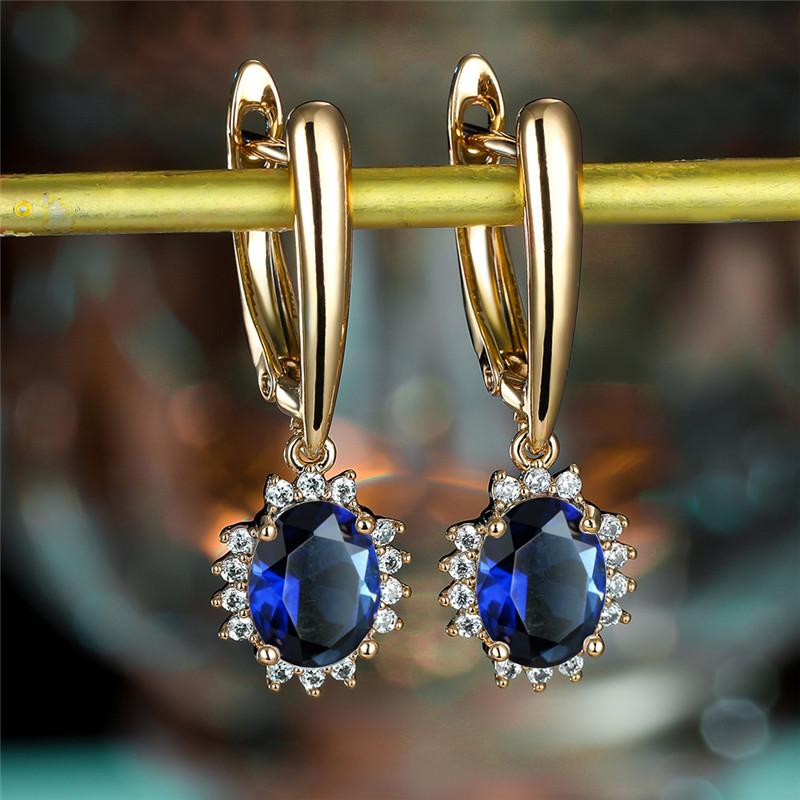 

Hoop & Huggie Gorgeous Blue Zircon Oval Stone Earrings Multicolor Crystal Flower Cute Rose Gold Color Wedding For Women, Golden;silver