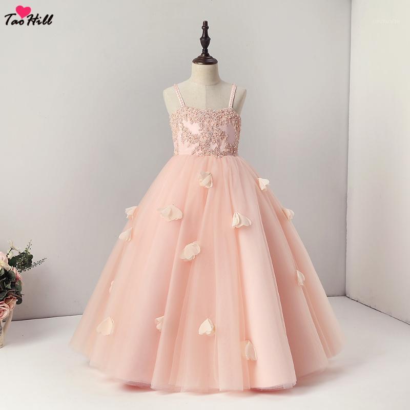 

TaoHill Ball Gown Flower Girl Dresses Spagehtti Orange-Pink Lace Pearls Handmade Flowers Girls Pageant Dresses1