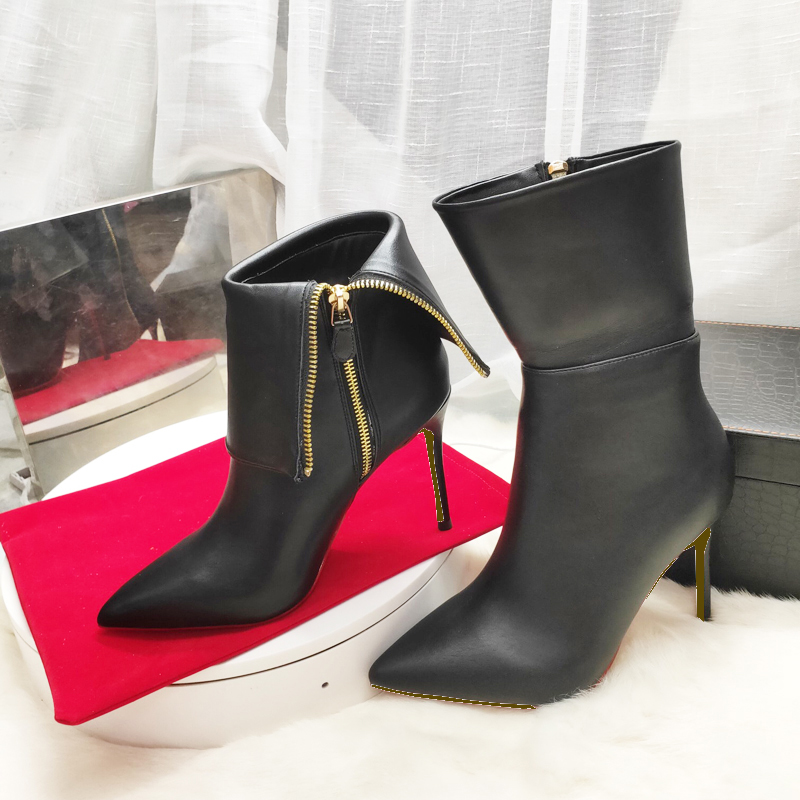 

New Zip Soft Matte Leather Flanged Stiletto Thin High Heels Genuine Leather Inside Women Mid-calf Winter Boots, 8cm