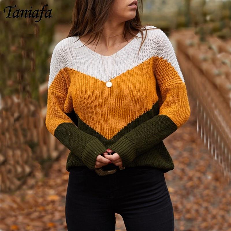 

Autumn and Winter Fashion Women Casual Slim Sweater Colorblock V-neck Long Sleeve Loose Knit Sweater, Pink