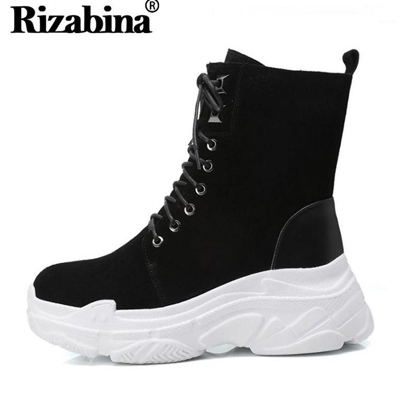 

RizaBina Women Real Leather Zipper Ankle Boots Platform Thick Sole Round Toe Fashion Black Boots Daily Footwear Botas Size 34-401
