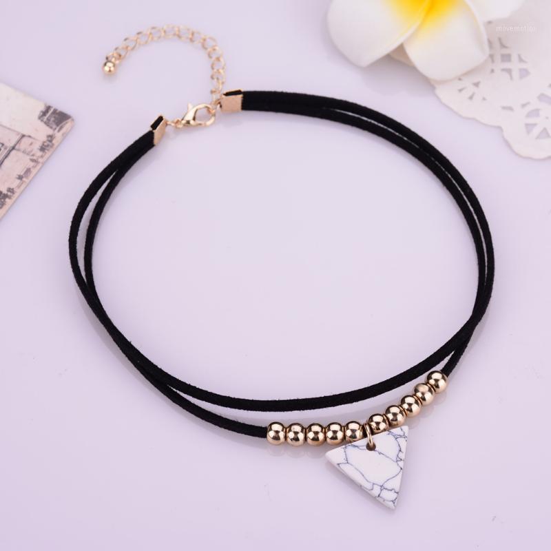 

Women Black/White Triangle Faux Stone Necklaces European Punk Short Rope Velvet Choker Necklace With Gold Color Beads1