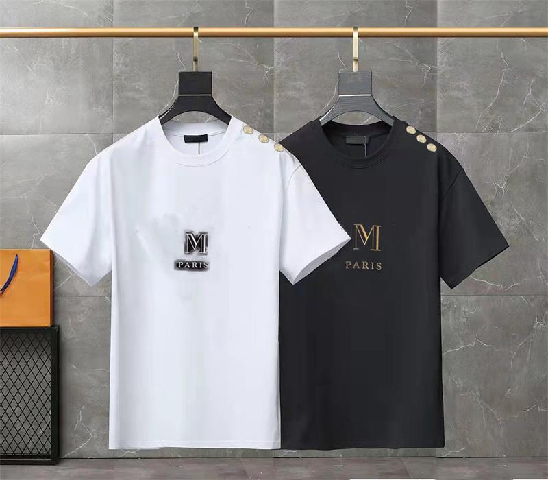 

22ss Mens T-Shirts Letter Print Round same style shoulder gold button bronzing letter cotton T-shirt couple high quality Short Sleeve Men Women Tees, White;black
